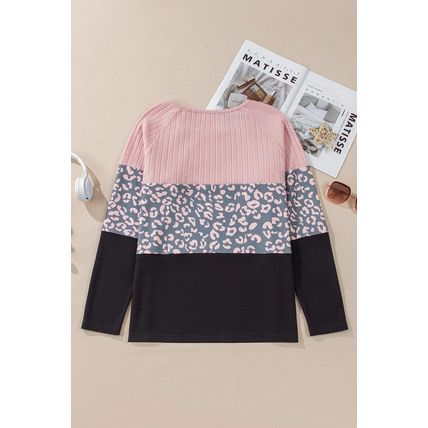 Pink Cheetah Textured Patchwork Buttoned Round Neck T Shirt