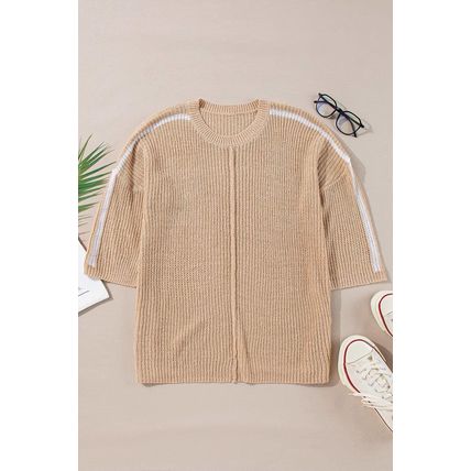 Light French Beige Contrast Striped 3/4 Sleeve Crew Neck Sweater