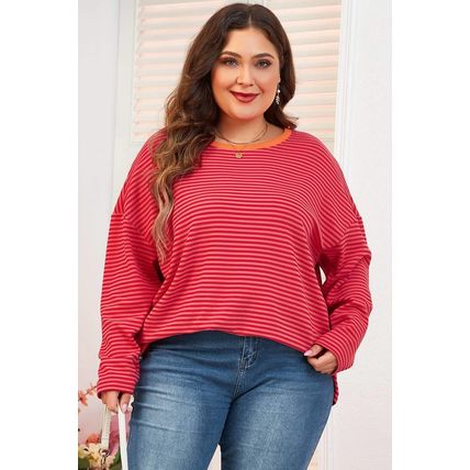 Orange Stripe Plus Size Drop Shoulder Long Sleeve Buttoned Decor Top