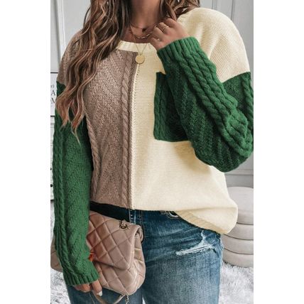 Mist Green Plus Size Cable Knit Color Block Drop Shoulder Sweater