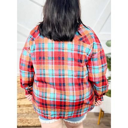 Red Plus Size Plaid Print Buttoned Shirt