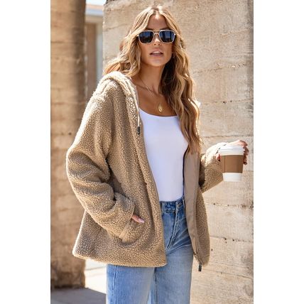 Pale Khaki Fleece Zip Up Drawstring Hooded Pocketed Jacket