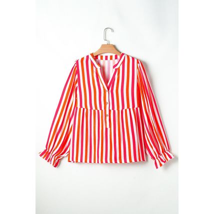 Orange Stripe Balloon Sleeve Notched V Neck Buttoned Front Blouse