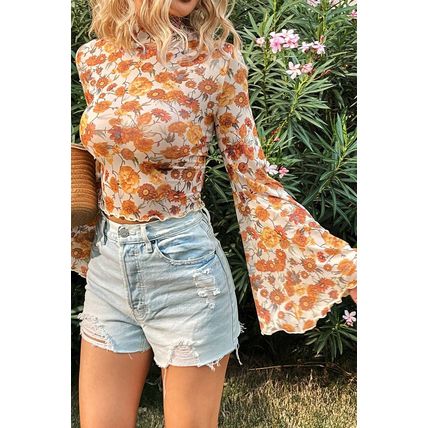 Orange Floral Printed Bell Sleeve Mock Neck Scallop Trim Blouse