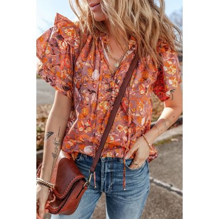 Orange Floral Print Ruffled Flutter Sleeve Frilled V Neck Blouse