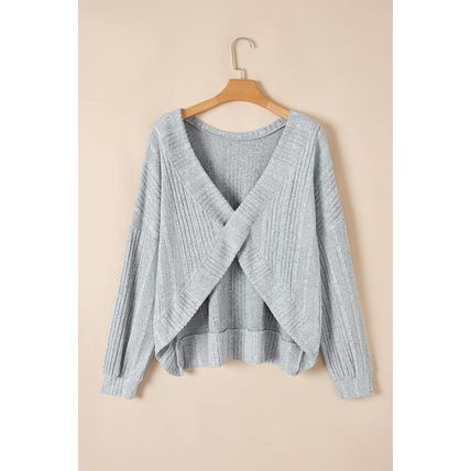 Light Grey Textured Crossover Backless Knit Long Sleeve Top