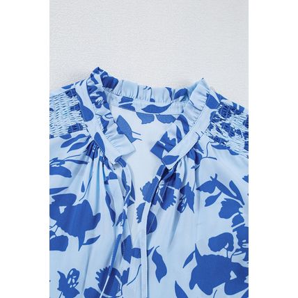 Sky Blue Floral Print Tiered Frilled Trim Flutter Sleeve Maxi Dress