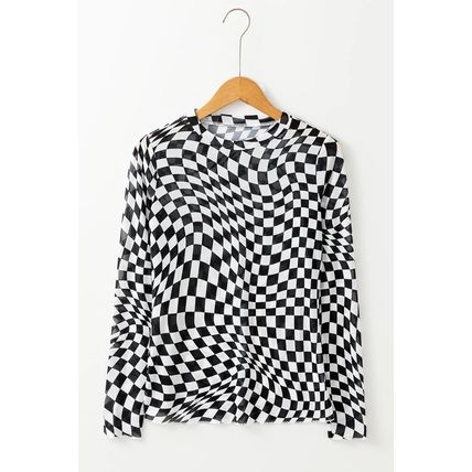 Black Checkered Pattern Mesh Mock Neck Long Sleeve Top