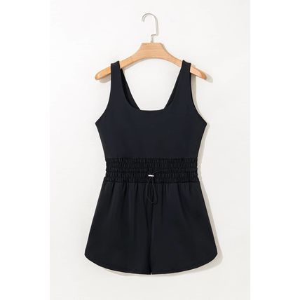 Black Plain Sleeveless Loop Drawstring Cinched Waist Romper
