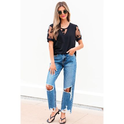 Black Flora Lace Patchwork Crew Neck T Shirt