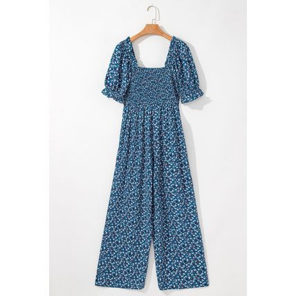 Blue Vintage Boho Floral Smocked Short Puff Sleeve Wide Leg Jumpsuit