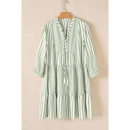 Green Stripe Bracelet Sleeve Tasseled Tied Neck Tiered Plus Size Mini Dress