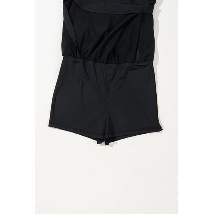 Black Plain Sleeveless Loop Drawstring Cinched Waist Romper
