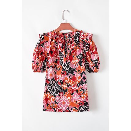 Red Ethnic Print Split Neck Short Puff Sleeve Blouse