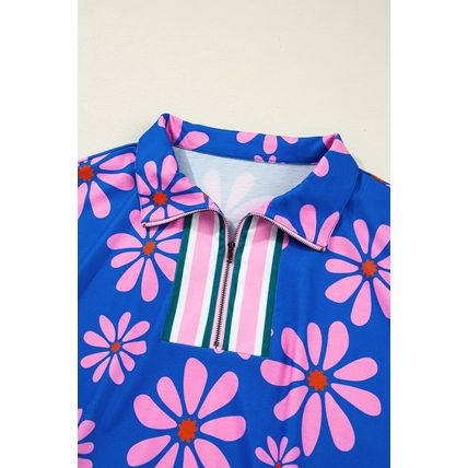 Purple Floral Striped Quarter Zip Cap Sleeve Drawstring Waist Mini Dress