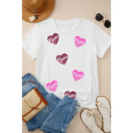 White mama Heart Shape Sequin Patched Crew Neck T Shirt