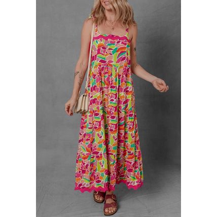 Multicolour Floral Tied Straps Ricrac Trim Maxi Dress