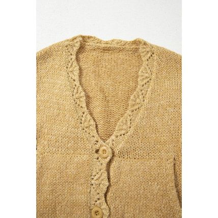 Light French Beige Lantern Sleeve Scallop V Neck Buttoned Front Cardigan