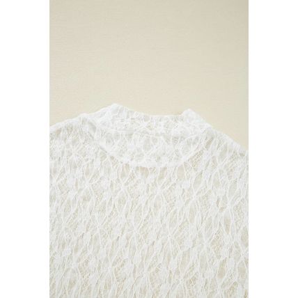 White Sheer Lace Bell Sleeve Mock Neck Blouse