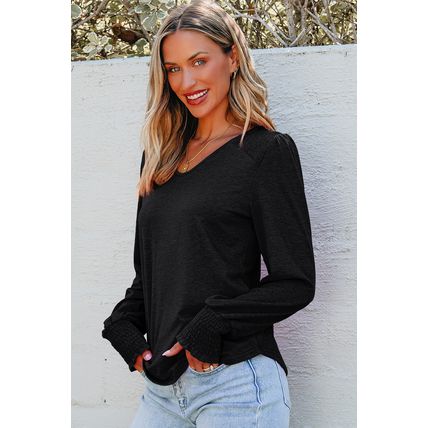 Black Shirred Shoulder Frilled Cuffs Long Sleeve Top
