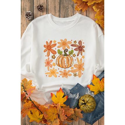 White Flower Pumpkin Printed Cotton Blend Sweatshirt