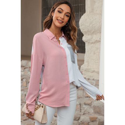 Dusty Pink Color Block/Pure Color Patch Pocket Shirt