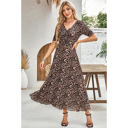 Brown Mesh Leopard Floral Reversible V Neck Short Sleeve Dress