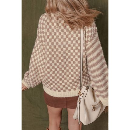 Khaki Stripe Checkerboard Drop Shoulder Balloon Sleeve Sweater