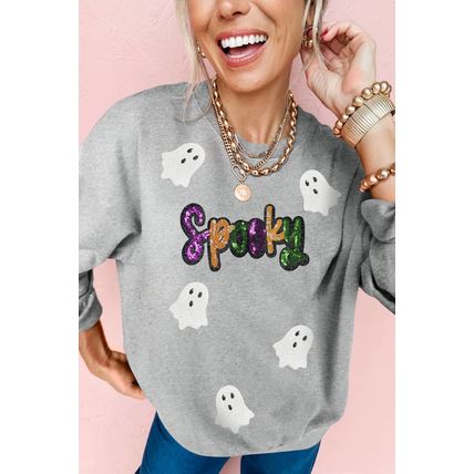 Gray Spooky Halloween Ghost Sequin Patched Sweatshirt