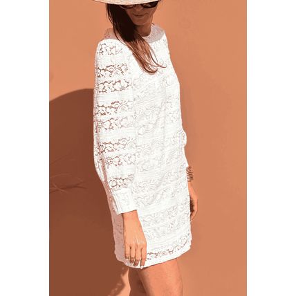 White Lace Crochet Round Neck Puff Sleeve Shift Mini Dress