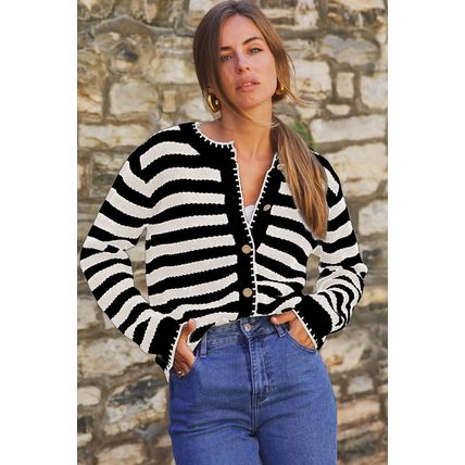 White Stripe Chic Golden Button Cardigan Sweater