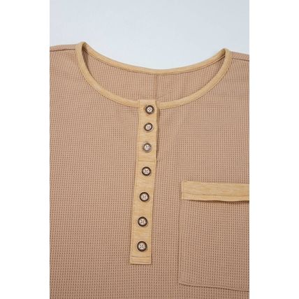 Dark Khaki Color Block Waffle Textured Tunic Henley Top with Slits