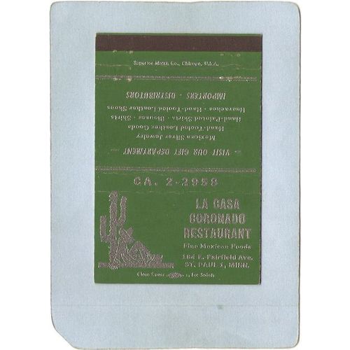 MN St Paul Matchcover La Casa Coronado Restaurant 184 East Fairfield Ave G~296