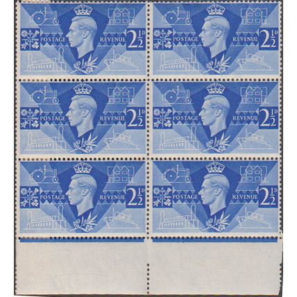 GB 1946 2 & half d Victory block of 6 M stamps with control strips SG491