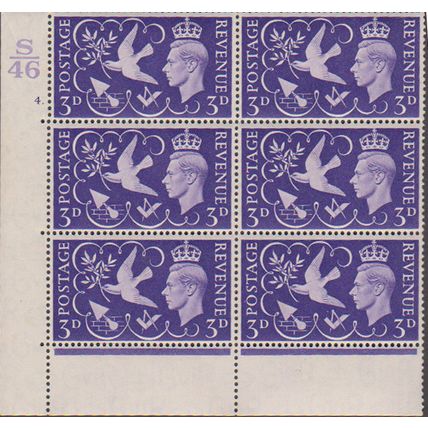 GB 1946 3d Victory block of 6 M stamps with control strips SG492