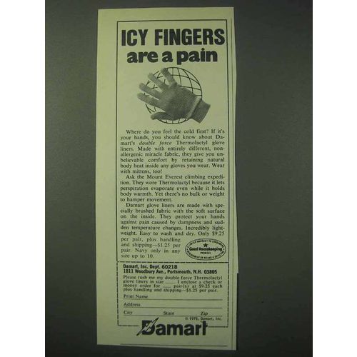 1978 Damart Glove Liners Ad - Icy Fingers Are a Pain