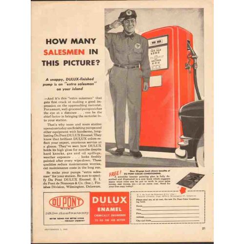 DU PONT 1952 salesmen Dulux enamel finish gasoline pumps vintage ad