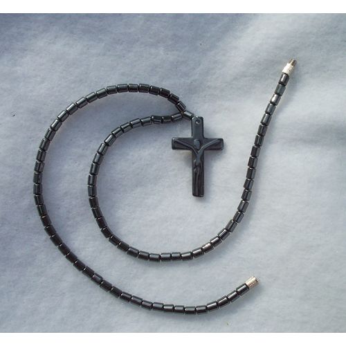 Hematite Cross Choker Necklace Figure Jesus Jewelry 15.5 Inch