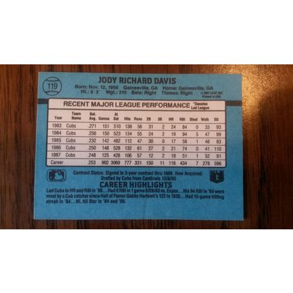 1988 Donruss Card # 119 Jody Davis Very Good-Excellent (4) Chicago Cubs