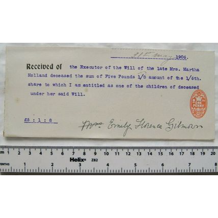 1906 receipt revenue signed Emily Florence Gilman re estate Martha Holland