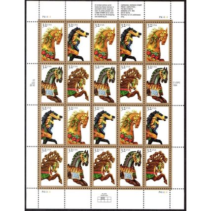 2979, 32¢ Carousel Horses Complete Sheet of 20 Stamps - Stuart Katz