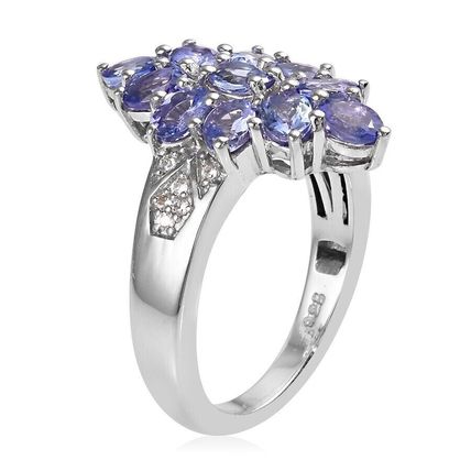 Natural Tanzanite Zircon Rhombus Cluster Ring Sz P½ Platinum Overlay 925 Silver