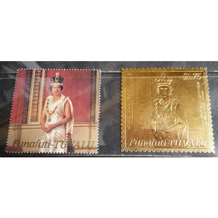 TUVALU FUNAFUTI 1987 40TH WEDDING RUBY GOLD FOIL 22K STAMP $1.75 & NORMAL STAMP