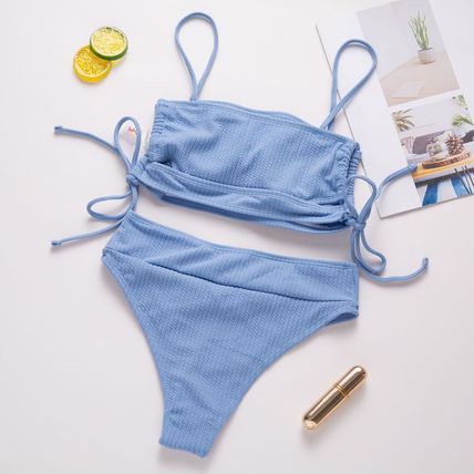 New sexy high-waisted for bikini women with striped ribbed fabric and tie straps