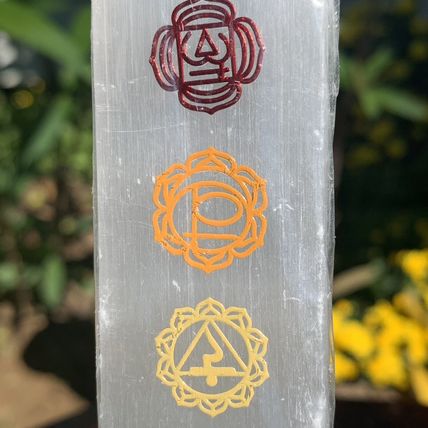 7 Chakras Selenite Wand Charging Plate Crystal Cleansing Etched Symbols 5.78"