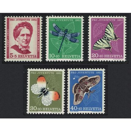 Switzerland Butterflies Moths Dragonfly 5v Pro Juventute 1951 1951 MNH