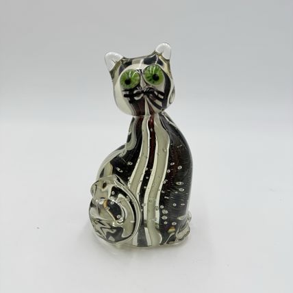 Vintage Art Glass Hand Blown Cat Sculpture Swirling Eyes 6” Murano? Solid