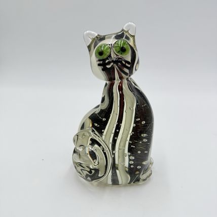 Vintage Art Glass Hand Blown Cat Sculpture Swirling Eyes 6” Murano? Solid