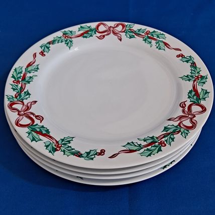 Lot 4 International CHRISTMAS RIBBONS Salad PLATES 7 3/4" Tableworks Holly