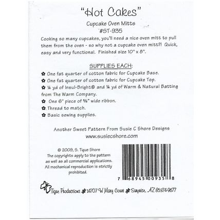 Susie C Shore #ST- 935 Hot Cakes Cupcake Oven Mitts Instructions & Pattern ©2009